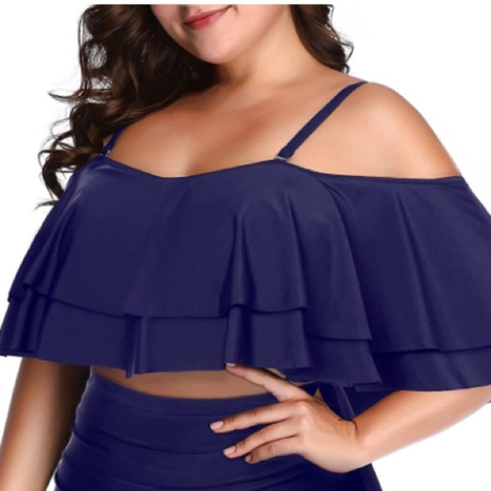 Shekini Blue Off Shoulder Flounce Ruffle Swim Top Size XXL NWT